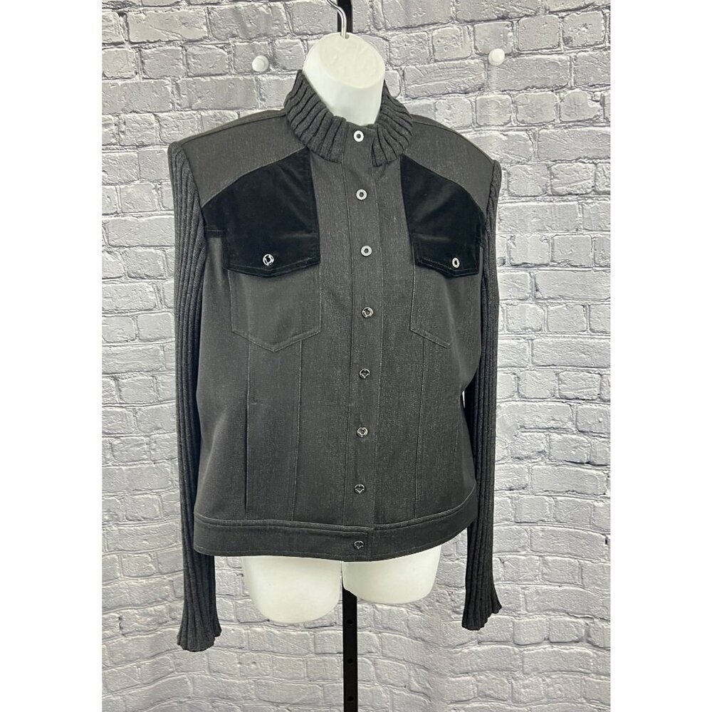 St. John Sport  Black Stretch Denim Ribbed‎ Knit Jacket Size L